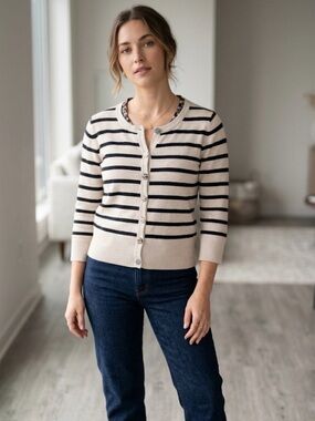 Christopher Banks Medium Striped Button-Front Cardigan in Cream and Navy
